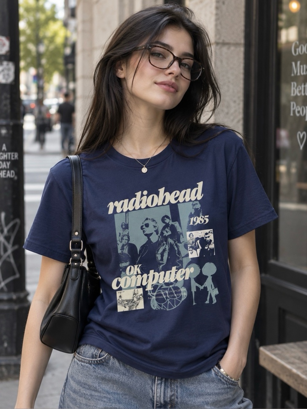 Radiohead OK Computer Album Art Navy Indie Rock Band Merch Graphic Tee